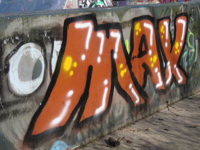 829338 Afbeelding van graffiti met de tekst MAX , op de skatebaan bij de Koeriersterslaan in park Transwijk te Utrecht.